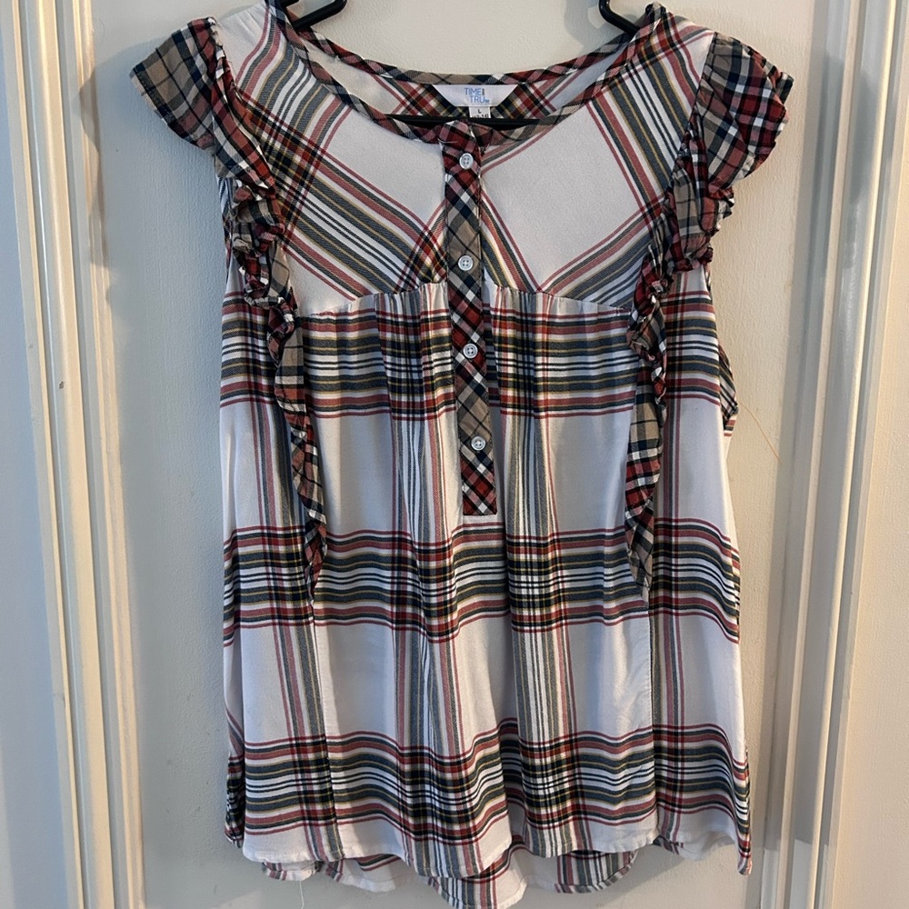 Time and Tru White Plaid Ruffle Sleeve Button Front Top